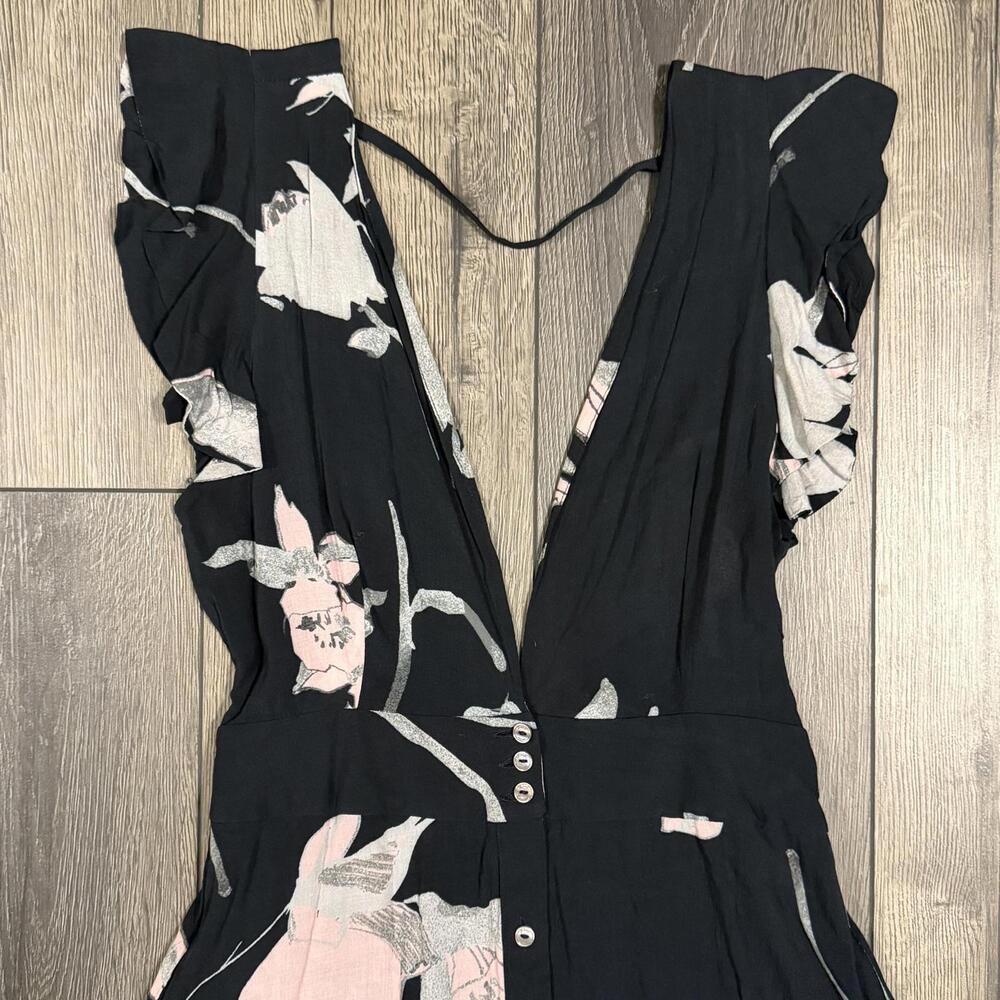 Maaji Floral V-Neck Backless Mini Dress Black Pink Ruffle Sleeve Size Medium - Picture 7 of 15